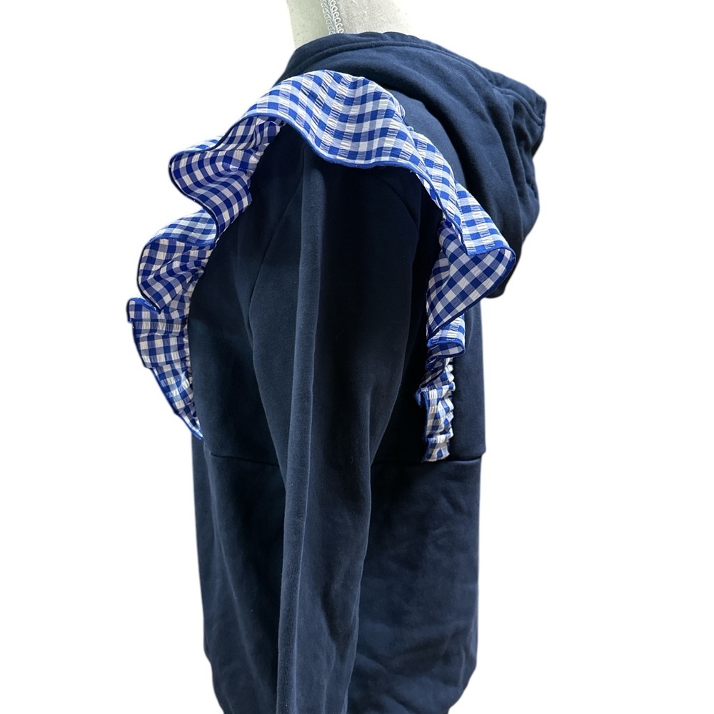 ADDISON BAY Spring Garden Sweatshirt Cotton Hoodie Navy Plaid Ruffles Small - Picture 4 of 7